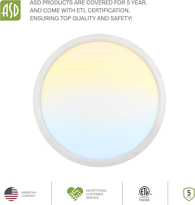 ASD LED 15" Round Flush Mount Ceiling Light Fixture, Low Profile Surface Lighting | 5CCT, Dimmable, Ultra-Thin, ETL Listed | 28W 2300LM 2700-6000K 100-277V | Kitchen, Bedroom, Hallway Lamp | White