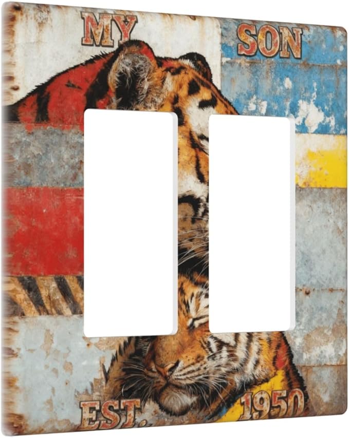 Bvtewkhz Tiger Vintage 2 Gang Double Rocker Decorative Outlet Covers Light Switch Plate Electrical Receptacle Switchplate For Bathroom Kitchen Bedroom