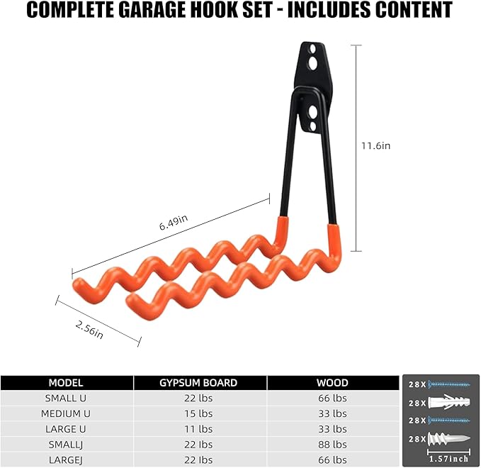 CRXCRC Garage Hooks, 4 Pack Wave Hooks for Hanging Heavy Duty Ladders, Bikes, Tools Ideal for Garage, Garden, Basement Utility Room Storage (Orange)