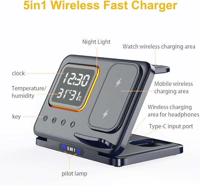 AYI 5in1 Multi Functional Wireless Charging Station with Digital Clock 15W Fast Charge Night Light Temperature Humidity Monitor Wireless Charger for All Qi Phone TWS Headphone and Apple Watch-Black