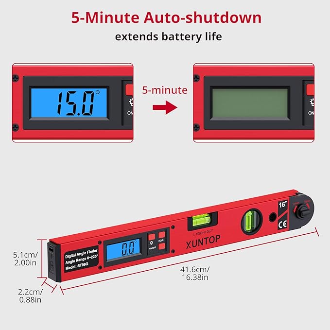 XUNTOP 0-225°/0.5° Digital Angle Finder 16” Aluminum Angle Measuring Tool with Horizontal&Vertical Bubbles Digital Protractor with LCD Display for Woodworking, Construction, Machinery