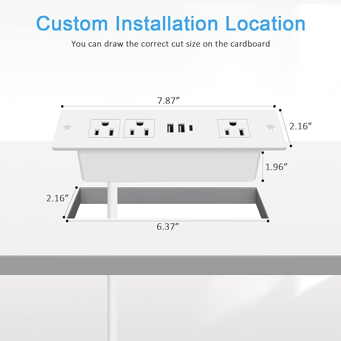 Recessed Power Strip, Furniture Plug in 3 Outlets & Fast Charging 20W PD USB-C Port & 18W/3A QC3.0 USB-A Ports Drawer Outlet with 10 FT Flat Extension Cord, White Desk Grommet Outlet for Table Top