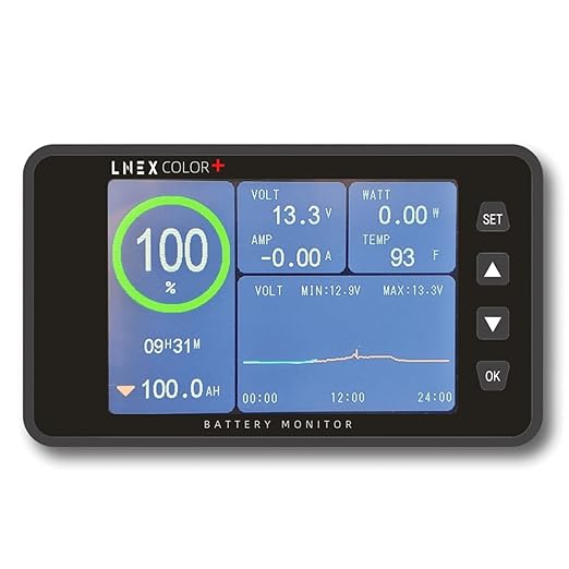 LNEX 500A Battery Monitor with Shunt, 3.5" Color Screen RV Monitor with 16ft Cable, Support High Low Voltage Current Programmable Alarm for 8-120V Lifepo4, Lithium, Gel, Flooded Battery