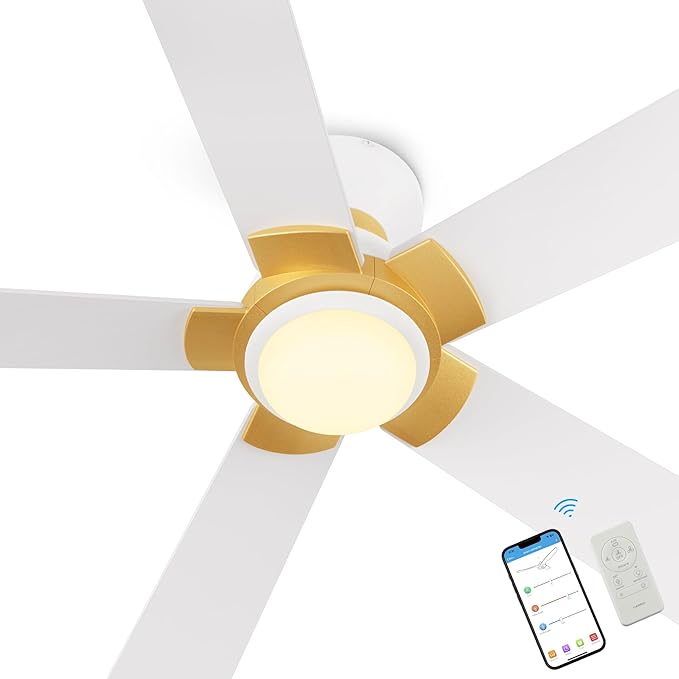 SMAAIR 52 Inch Smart Ceiling Fan with Light and Remote, Flush Mount Modern Ceiling Fan with lights,Compatible with Alexa/Google Assistant/Siri,Timer and Schedule,10 Speed DC Motor,White/Gold