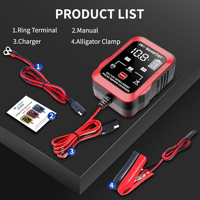 1.5A 6V/12V Smart Battery Charger – Automatic Maintainer, Trickle Charger & Desulfator with Overcharge Protection & Temperature Compensation – for Lead-Acid Batteries