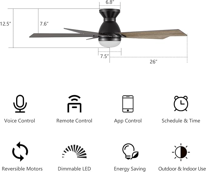 SMAAIR 52 Inch Smart Ceiling Fan with Light and Remote, Flush Mount Modern Ceiling Fan with lights,Compatible with Alexa/Google Assistant/Siri,Timer and Schedule,10 Speed DC Motor, Wooden/Walnut