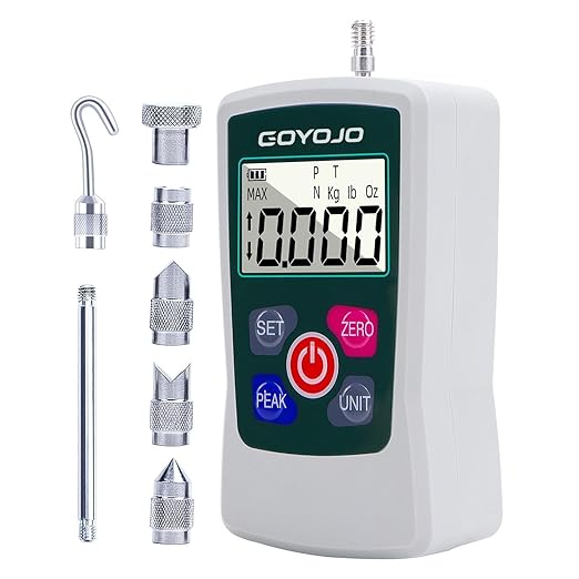 GOYOJO Digital Force Gauge High-Precision Push-Pull Meter for Tension & Compression Testing Units (N, kg, lb, oz) Real-Time/Peak/First Peak Modes Ideal for Quality Control & Material Testing (10N)