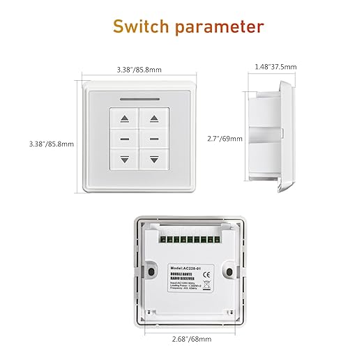 AC228-01 Crystal Style Double Routes Radio Receiver, AC to 24V Motor Switch Controller Electric Wall Switch Emitter for Roller Blinds/Shades Motor