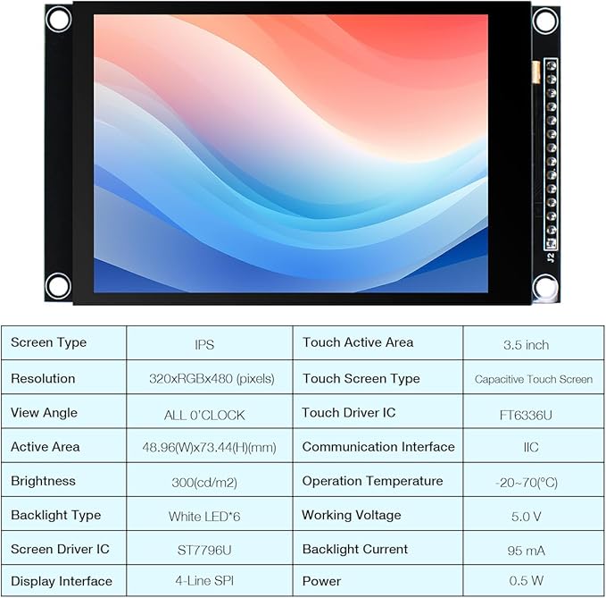 Hosyond 3.5 inch 320x480 IPS Capacitive Touch Screen LCD Module SPI Serial ST7796U Driver for Arduino R3/Mega2560
