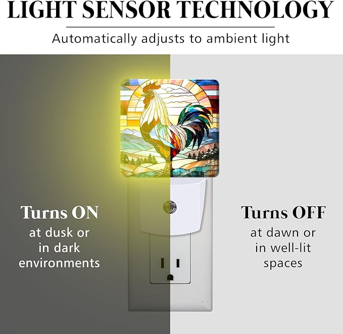 PODMemory Rooster Stained Glass Night Lights Plug into Wall for Room, Rooster Night Light LED for Bedroom