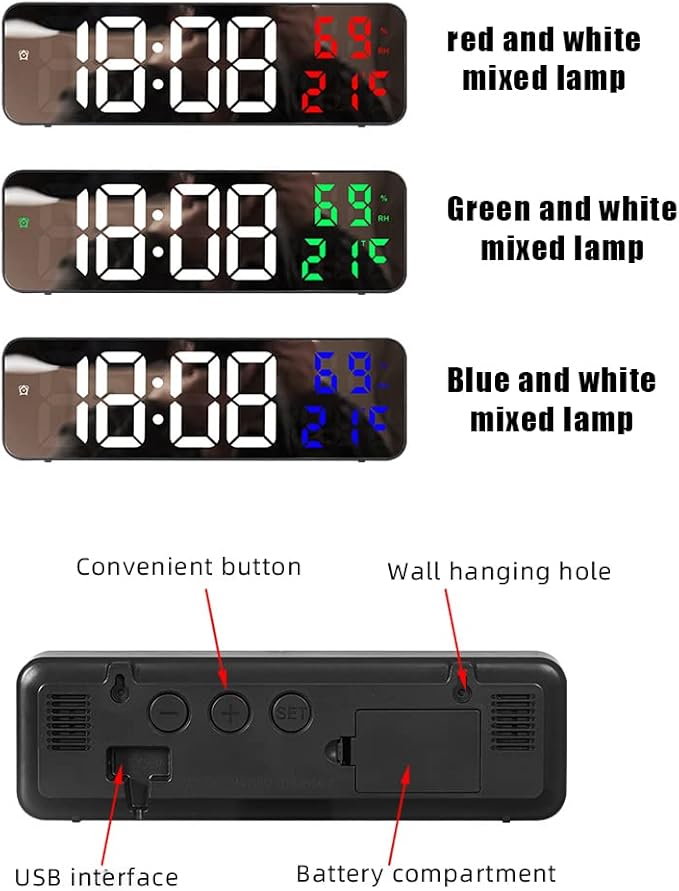 Gigicloud Led Wall Clock, 3 Level Dimmer Brightness Wall Digital Clock Wall-Mounted Time Temperature Humidity Led Clock Electronic Alarm Clock for Bedroom, Office