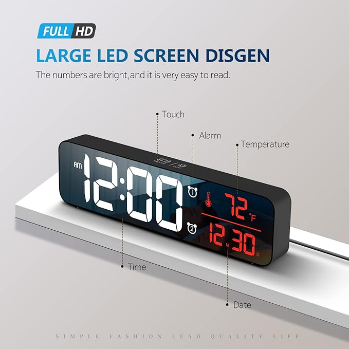 Hournor Digital Clock for Bedroom, Digital Wall Clock for Living Room Decor, Desk Table Clocks, Digital Clock Large Display, Bedroom Smart Alarm Clock for Office Red