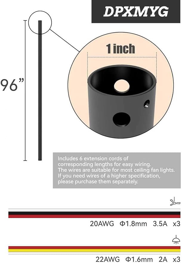 DPXMYG 96 inch Ceiling Fan Downrod with Extension Cord, 8 FT Black Downrod for Ceiling Fan, 1 inch Outside Diameter, Boom Suitable for a Wide Range of Fans (Black, Not Threaded)
