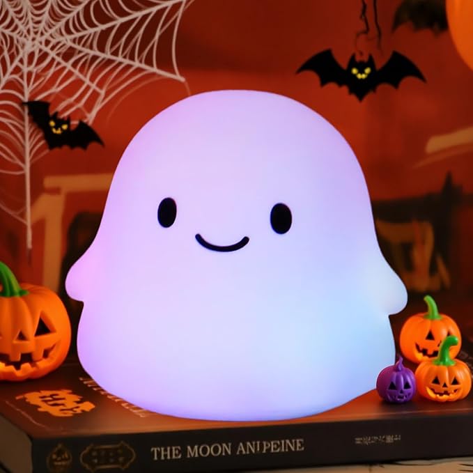 Rytinazzz Halloween Ghost Night Light, Color-Changing & 50-Hour Battery, Spooky-Cute Squishy Lamp for Kids, USB Rechargeable with Timer, Halloween Decor & Gifts