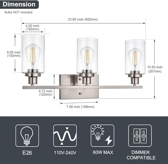 WINSHEN Bathroom Light Fixtures 3-Lights Seeded Glass in Brushed Nickel Finish, 23.6-Inches Vanity Lighting Bath Wall Mount Lamp for Kitchen Living Room Workshop