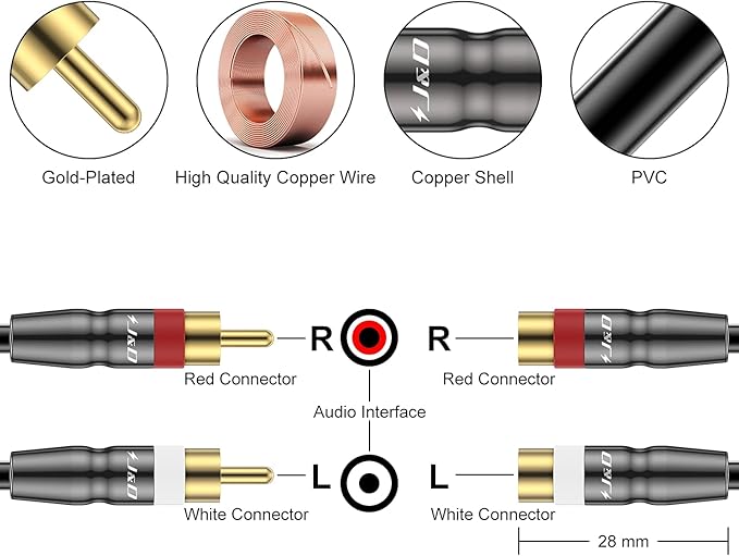 J&D 2 RCA Extension Cable Male to Female, Copper Shell Gold-Plated 2RCA Male to 2RCA Female Cable Stereo Audio Extender Cord Adapter, 9 Feet