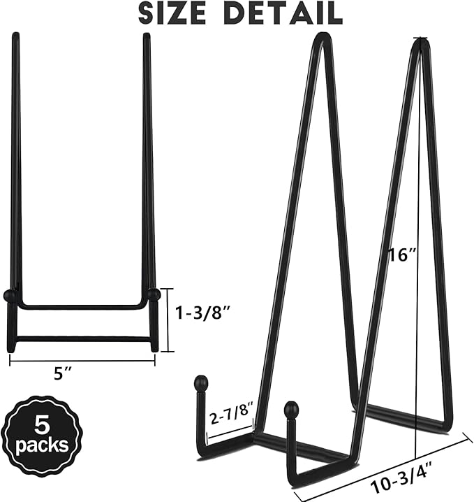 IBosins 5 Pack 16 Inch Plate Holder Display Stands, Large Metal Black Frame Stand for Picture, Book, Photo Easel, Creation, Collectibles