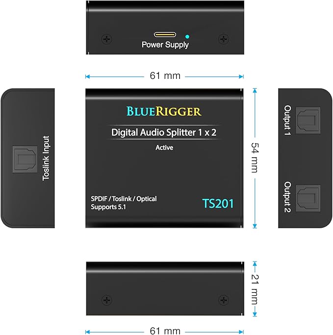 BlueRigger Digital Optical Audio Splitter (Active Toslink Splitter 1 in 2 Out, SPDIF, Fiber Optic Adapter) - Compatible with Home Theatre, Xbox, PS4, DVD, Receiver, TV, LPCM2.0, DTS, Dolby Digital