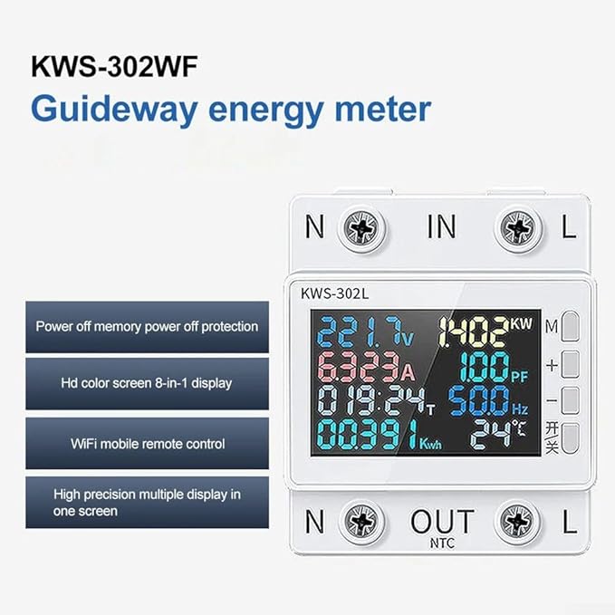 LCD Digital Energy Meter, Single Phase Energy Meter, Din Rail Electricity Usage Monitor, Power Usage Monitor AC170V~270V Power Voltage Meter(KWS-302WF)