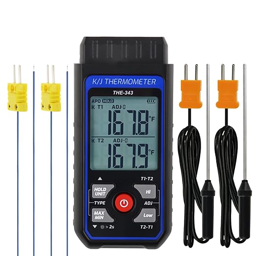 Thermocouple Thermometer Digital K Type Thermometer with 4 Thermocouples, -328~2500℉ Measuring Range HVAC Dual Channels Temperature Meter Gauge with LED Backlight & ADJ Compensation