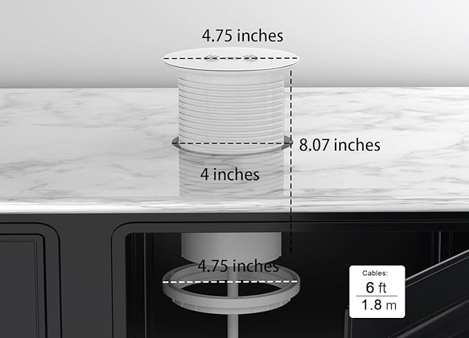 MAZZGOFOR Pop up Outlet - 4-inch Hole,4-AC Outlet,20W USB C,15W Wireless Charging,2-USB Port,Desktop Recessed Grommet Power Outlet for Kitchen Island Countertop,6 ft Cable,White