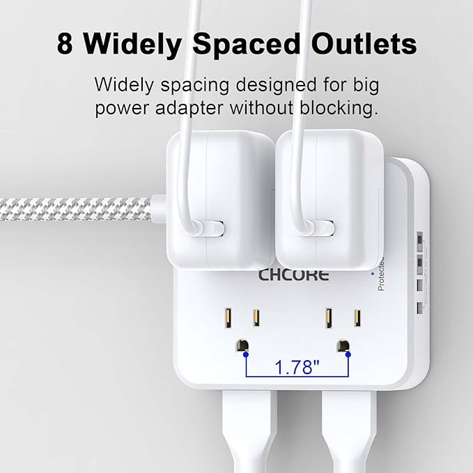 Surge Protector Power Strip - CHCORE 20Ft Braided Extension Cord with 8 Outlets with 4 USB (2 USB C) Charging Ports, Flat Plug Multi Plug Outlet Extender Charging Station for Home Office, ETL, White