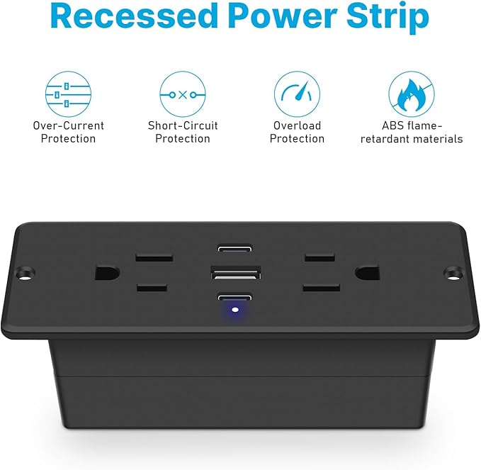 CCCEI Recessed Power Strip with Outlet and USB C Ports, Furniture Flush Mount Power Strip, Small Desk Hidden Outlet for Conference Table, Nightstand, Black, 6FT.
