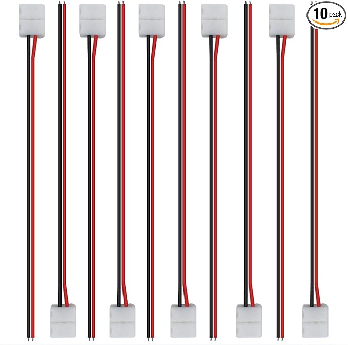 LightingWill 10pcs Pack Strip Wire Solderless Snap Down 2Pin Conductor LED Strip Connector for 8mm Wide 3528 2835 Single Color Flex LED Strips
