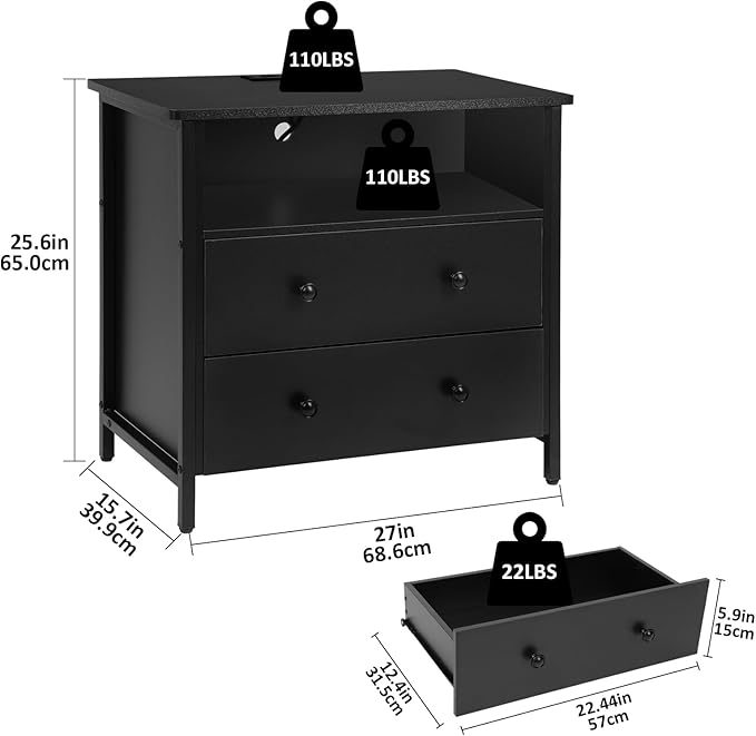 Tykacna 27 Inch Wide Night Stand, Large Wood Night Stand with 2 Drawer, LED Nightstand with Charging Station and Adjustable Drawer, Bedside Table for Living Room/Bedroom/Study/Office, Black.