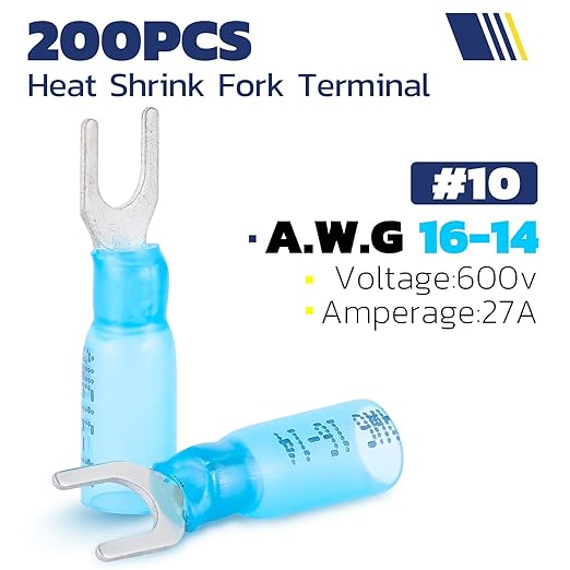haisstronica 120PCS Heat Shrink Fork Spade Connectors #10 Waterproof Marine Grade Fork Terminal Connectors U-Type Yellow 12-10 Gauge