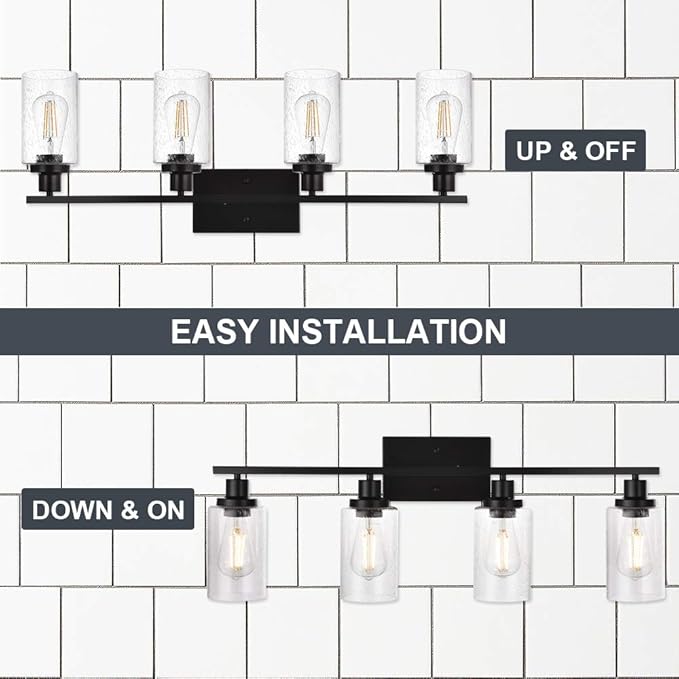 WINSHEN Black 4-Light Bathroom Light Fixtures with Seeded Glass Shade, 31-Inches Length Farmhouse Vanity Lights Over Mirror for Cabinet Kitchen Bedroom