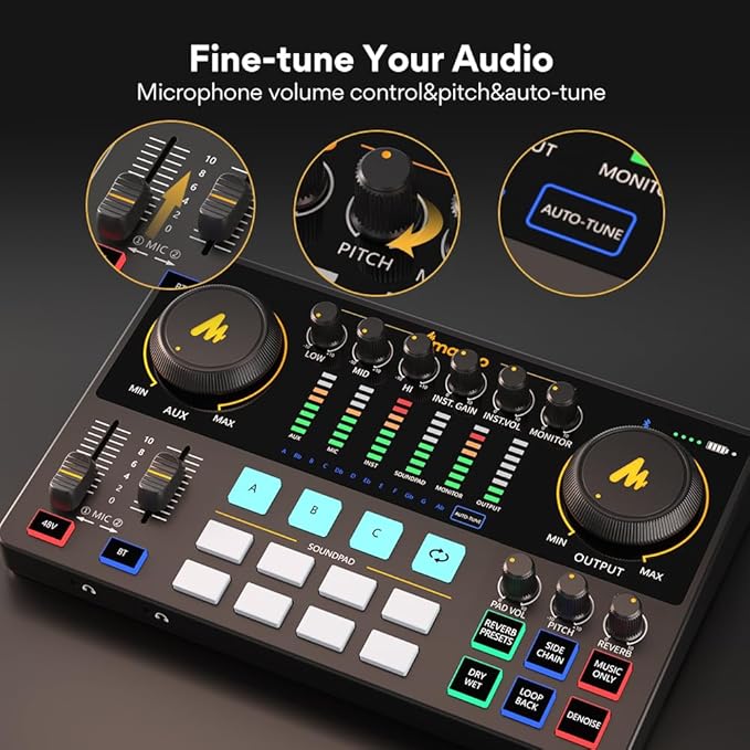 MAONO Audio Interface, MaonoCaster 10-Channel Podcast mixer with Pro-preamp, 48V Phantom Power, Bluetooth, 11 Customize sound pads for Recording, Streaming, Youtube, TikTok, PC, Guitar (AME2)
