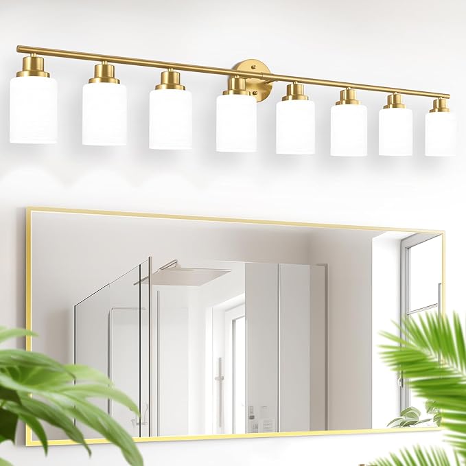 Guliaofo 8-Light Vanity Lights, Brushed Gold Bathroom Light Fixture with Striped Textured Milky White Glass Shade, Modern Vanity Lighting Fixture for Bathroom Wall Light Over Mirror, E26 Wall Sconce