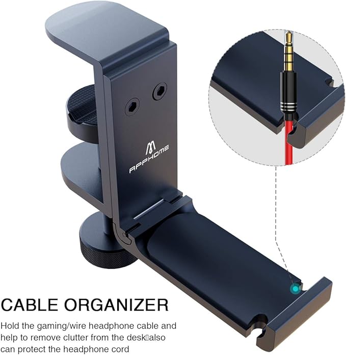 APPHOME 2Pack Upgrade Foldable Headphone Stand Under Desk PC Gaming Headset Hanger Holder Hook Clamp with Built in Cable Clip Organizer Space Save Mount Fold Upward Not in Use, Universal Fit, Black