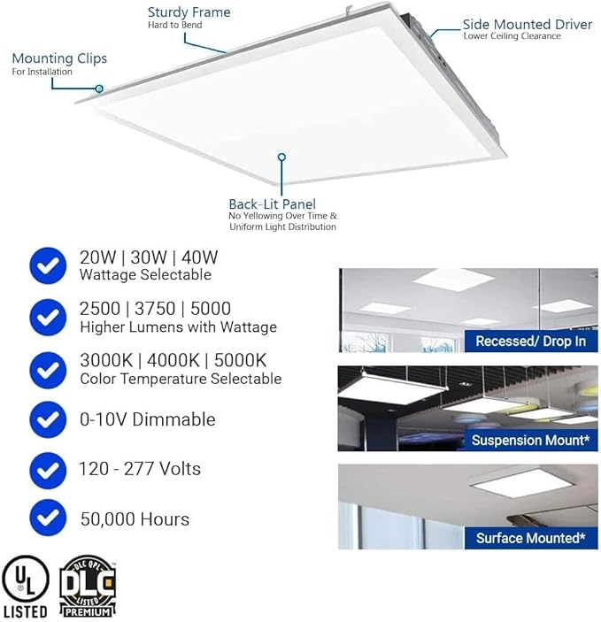 2x2 FT LED Light Flat Panel, 20/30/40W, CCT Selectable 30K | 35K | 40K | 50K | 65K, 0-10V Dimmable Recessed Drop Ceiling Lights, 2500/3750/5000 Lumens, Lay in Fixture, 120-277V, UL DLC(4 Pack)