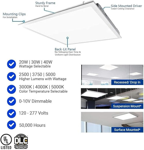 2x2 FT LED Light Flat Panel, 20/30/40W, CCT Selectable 30K | 35K | 40K | 50K | 65K, 0-10V Dimmable Recessed Drop Ceiling Lights, 2500/3750/5000 Lumens, Lay in Fixture, 120-277V, UL DLC(4 Pack)