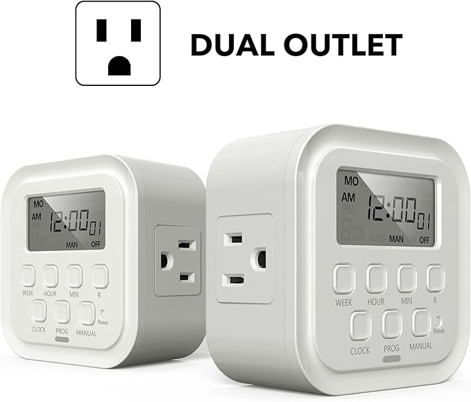 HBN 7 Day Heavy Duty Digital Timer, Dual Outlet, On/Off Programs 3-Prong Programmable Timer, Indoor, for Lamp, Light, Fan, Pets, Home, Kitchen, Office, Appliances, 125V, 15A, 1875W, 60Hz