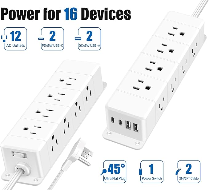 45W USB-C Fast Charging Under Desk Power Strip,12 Outlet Mountable Power Strip with 4 USB,1200J Surge Protection,10FT Flat Extension Cord