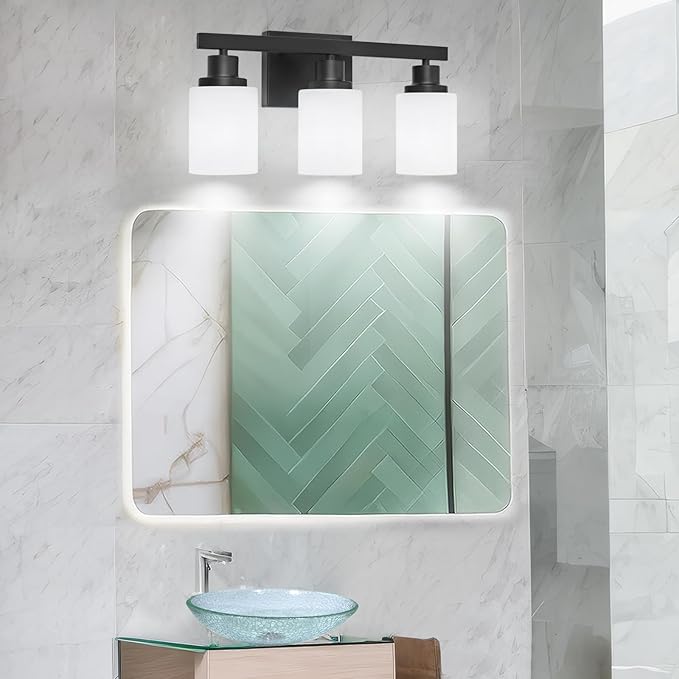 DIKAIDA 3-Light Bathroom Light Fixtures Over Mirror, Modern Matte Black Vanity Lights with White Frosted Glass Shade, Bathroom Wall Lamp Sconces for Mirror Bedroom, Living Room Hallway