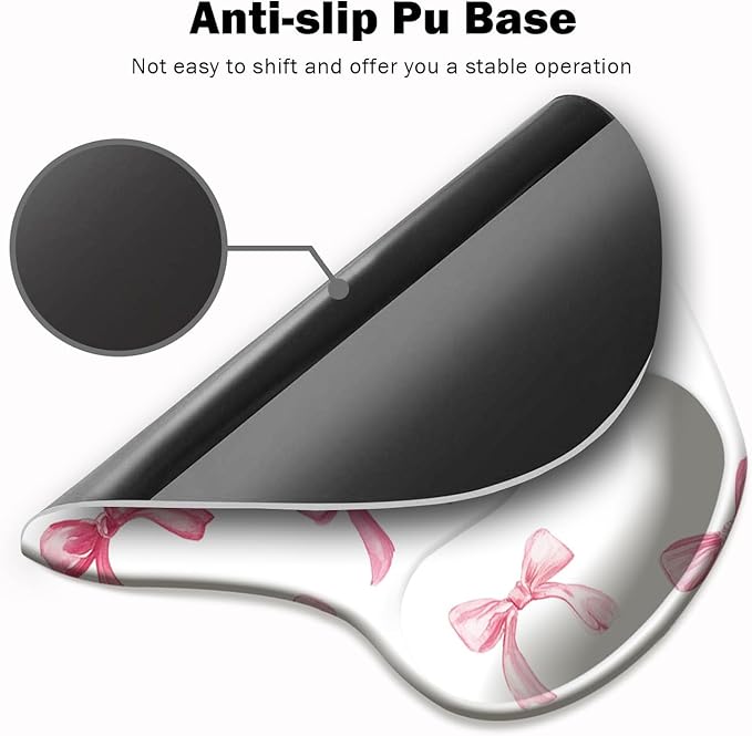 Ergonomic Mouse Pad with Wrist Support,Cute Mouse Pad with Wrist Rest and Coaster Set,Office Supplies Non-Slip Mouse Pads for Desk, Non-Slip Comfortable,Pink Bow