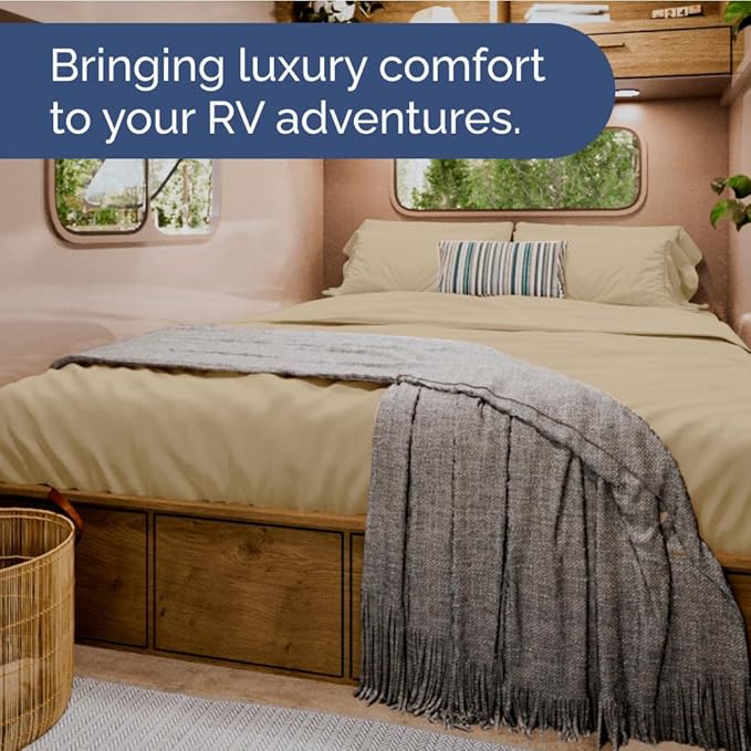 RV Short Queen Sheet Set 60 X 75 - 4 Piece RV Short Queen Bed Sheets - Soft, Breathable & Cooling - Designed for Bunks, Trailers and Campers - Fits 8” to 12" Mattress - Hotel Luxury Bedding - Beige
