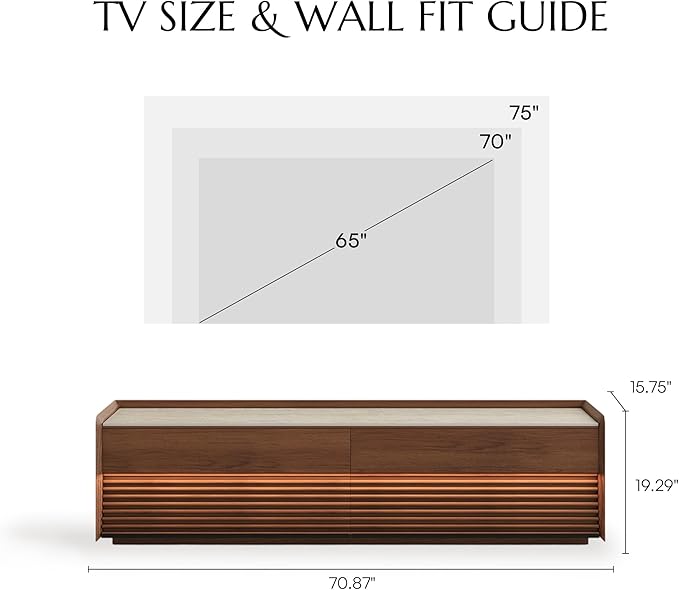 POVISON Fully-Assembled Mid Century Matte Sintered Stone TV Stand, 70.87" Wood Media Console with Adjustable LED Light, Entertainment Center with Storage for Living Room