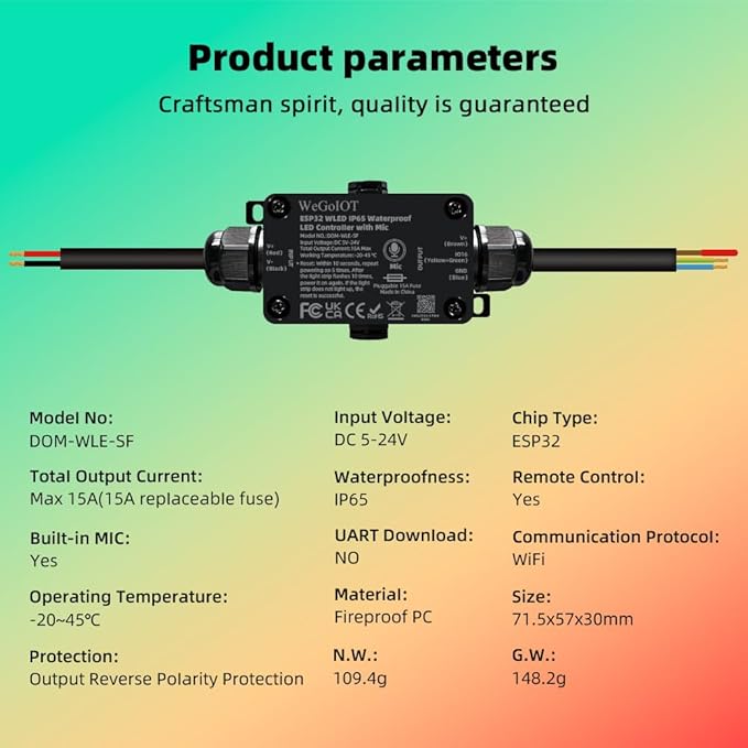WeGoIOT Waterproof ESP32 WLED Controller with Mic , Project for Pool Boat Landscape Outdoor Lights IP65 Dynamic RGB IC DIY Lighting WiFi APP Control for WS2812B DC5-24V RGBW LED Controller (1 Channel)