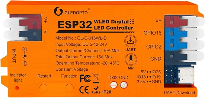 ESP32 WLED LED Strip Light Controller 15A Fuse Mic DIY Dynamic Lighting UART USB-C Download Energy Saving Relay App Control for RGB IC Addressable Digital WS2811 WS2812 SK6812 TM1814 WS2813 WS2815