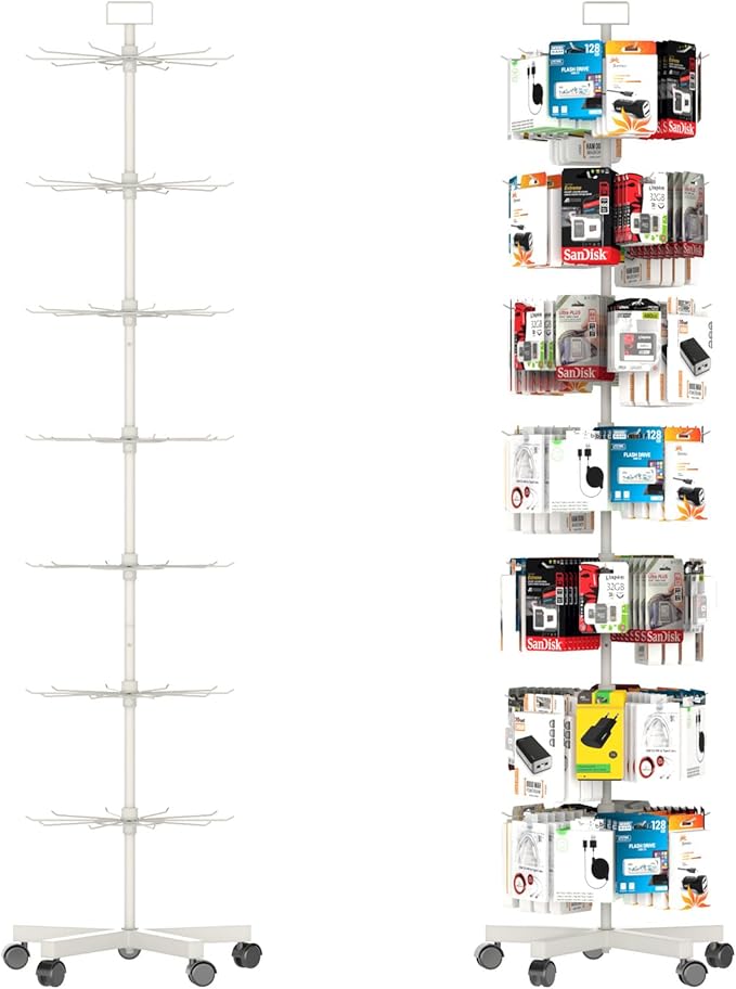 YEOOE Upgraded Retail Display Stand 7 Tier Spinning Display Stand, Movable Shop Spinner Rack with Hooks, Retail Display Racks for Jewelry Keyring Hats Socks Toys (White)