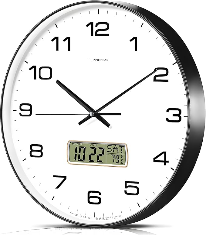 TIMESS Wall Clock, 13" Dial Non-Ticking Silent Battery Operated Analog with LCD Display for Perpetual Calendar and F° Temperature, Ideal Modern Home, Bedroom, Kitchen, Office Decor(Black)