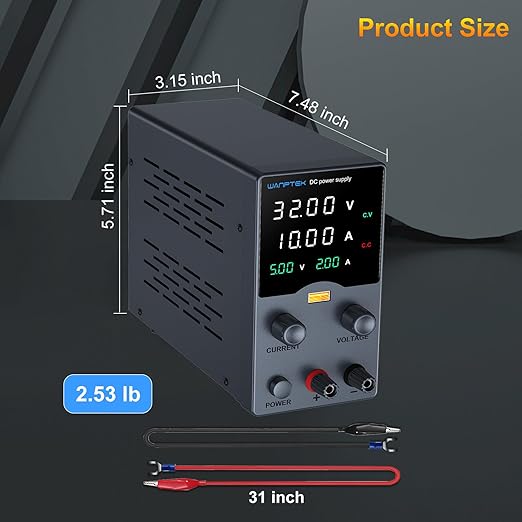 Wanptek DC Power Supply Variable 30V 10A, Bench Power Supplies with Encoder Adjustments Knob, USB Fast Charge Port with Output Current Display, 4-Digit LED Display