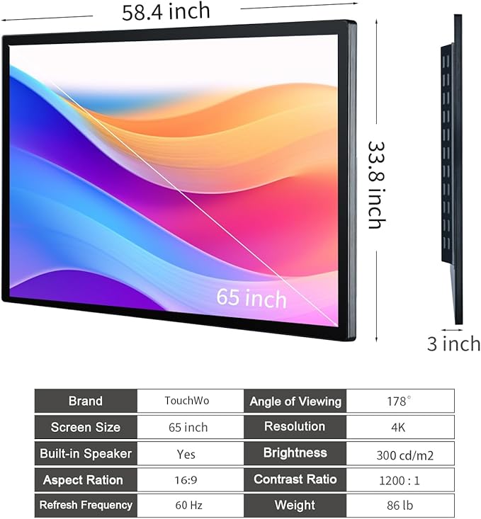 TouchWo 65-inch Interactive Touchscreen Monitor, Electronic Whiteboard Touch Screen with 4K Display, Smart Board for Home Office and Classroom, Bundled Android 11, RAM 2G & ROM 32G
