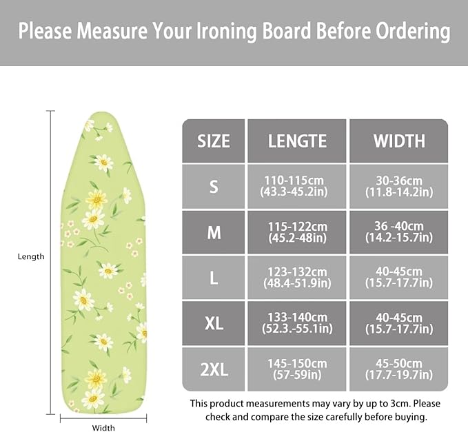 ZCFYGDX Fresh White Daisy Print Ironing Board Cover, Resist Scorching & Staining, Easy to Install Resistant Elastic Edges, 3 Nylon Buckle Straps Fasteners, Protective Scorch Cloth Covers Size-M