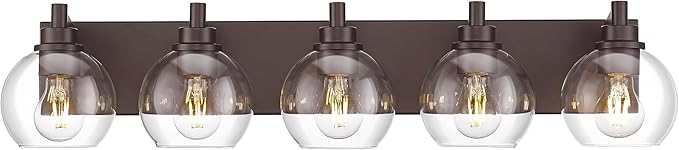 METWET Bathroom Light Fixtures Over Mirror, 5-Light Oil Rubbed Bronze Bathroom Vanity Light with Globe Clear Glass Shade, 32 Inch Modern Sconces Wall Lighting, VL195-ORB-5